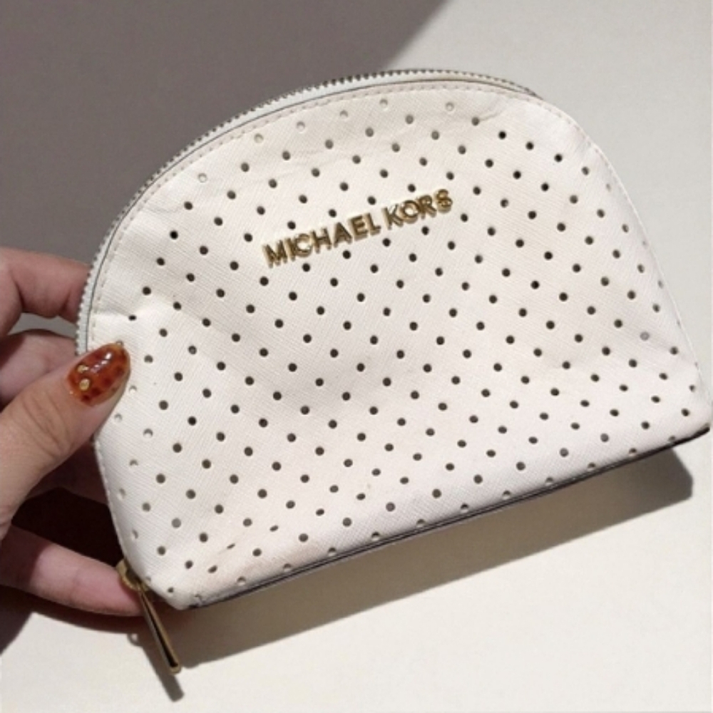 Michael Kors Perforated Cosmetic Case/ Pouch In White With Gold Hardware Accents